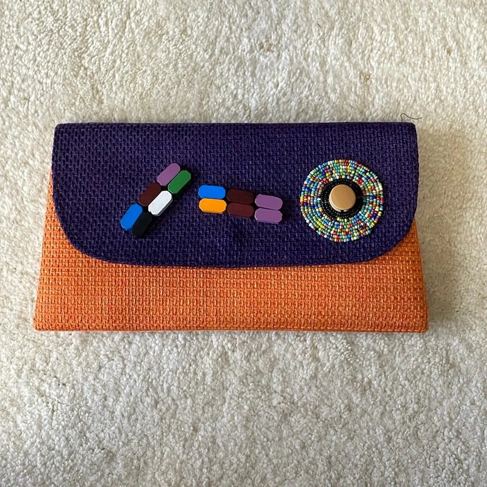 NWOT African Handmade Woven Womens Abstract Clutch Purse orange purple snap